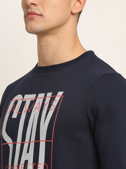 Men Navy Blue Printed Fleece Sweatshirt