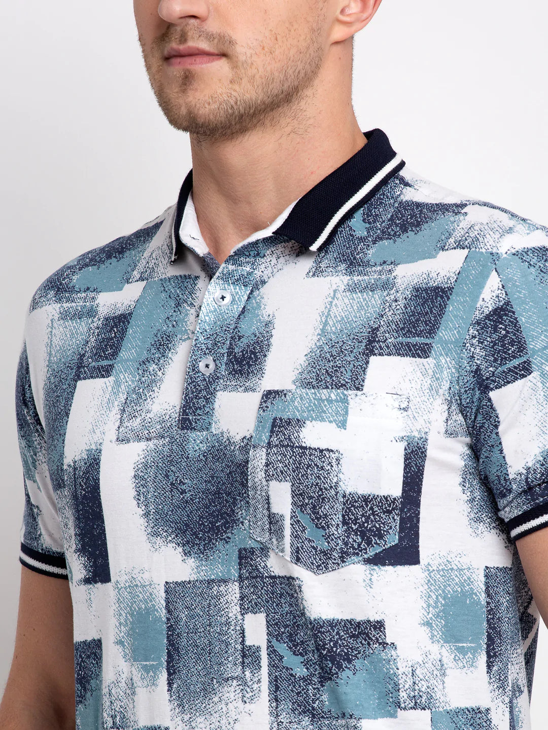 Men White Printed Polo Collar T-shirt