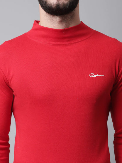 Men Red High Neck Slim Fit Cotton T-shirt