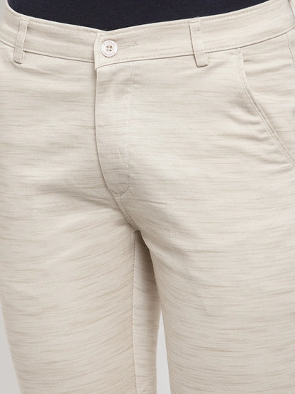 Men Beige Slim Fit Striped Regular Trousers