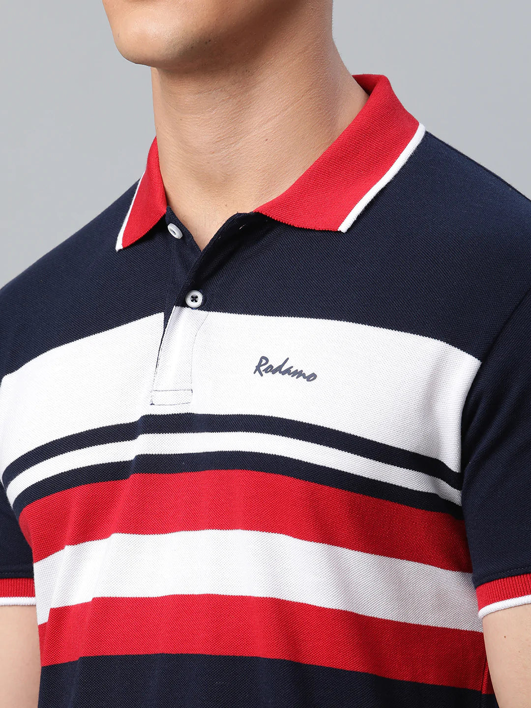 red white and black striped polo shirt