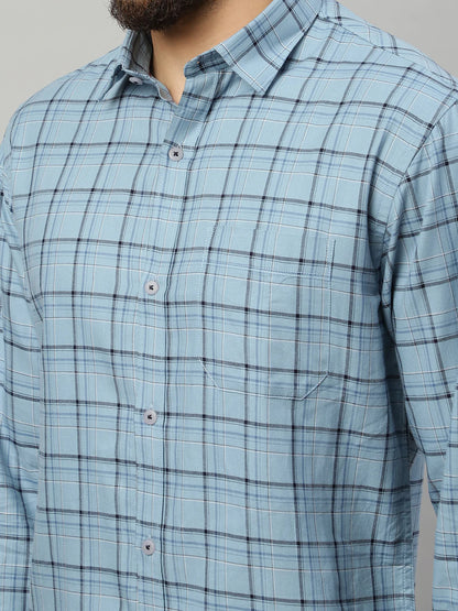 Men Blue Tartan Checked Slim Fit Casual Shirt