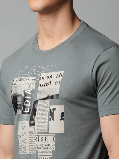 Men Grey Typography Printed Slim Fit T-shirt