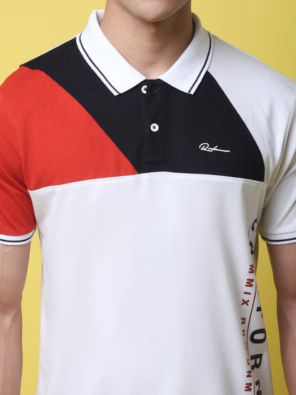 Colourblocked Polo Collar Slim Fit Cotton T-Shirt