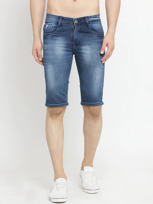 Men Blue Washed Slim Fit Denim Shorts