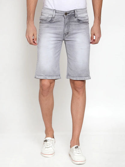Men Grey Washed Slim Fit Denim Shorts