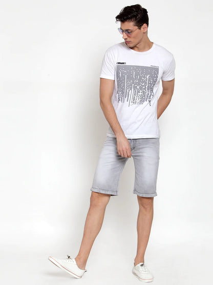 Men Grey Washed Slim Fit Denim Shorts