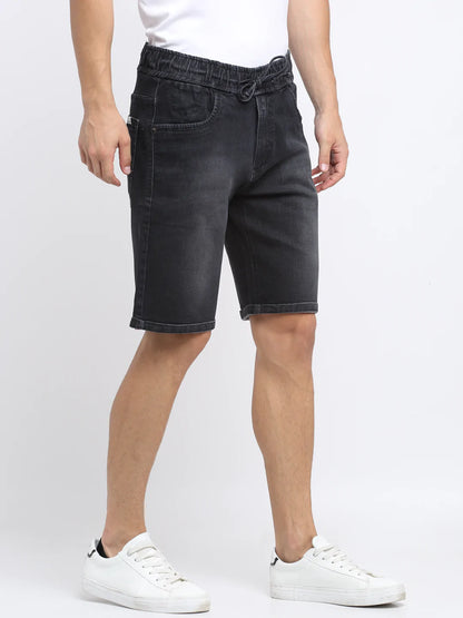 Men Black Washed Regular Fit Denim Shorts