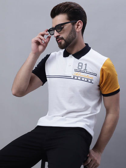 Typography Printed Polo Collar Slim Fit Cotton T-shirt